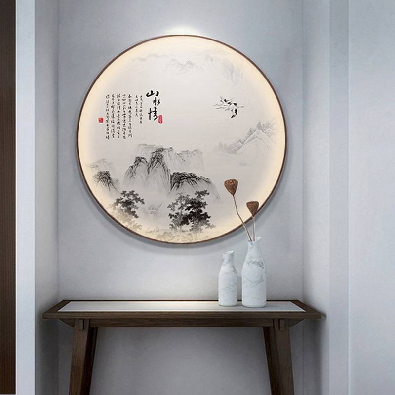 圆形新中式玄关装饰画led发光山水挂画入户竹子灯画竹报平安国画图片