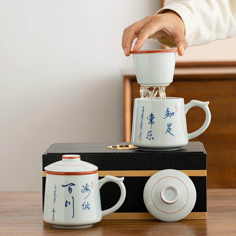 仿古书法办公杯个人专用茶杯陶瓷大容量带盖过滤茶水分离杯泡茶杯