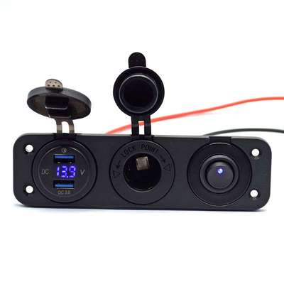 三孔面板带双QC3.0带电压显示双USB加电源母座 蓝灯小开关组合