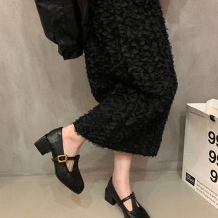 浅口T带3cm低跟方头粗跟真皮玛丽珍单鞋 复古棕色小皮鞋 女2025新款