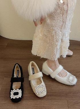 方头呢子灰色粗跟单鞋女冬季款法式气质加绒晚晚高跟玛丽珍毛毛鞋