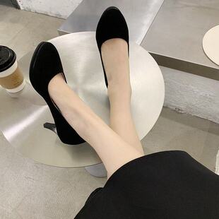 大码学生礼仪空乘公考面试高跟鞋女圆头黑色绒面职业工作工装皮鞋