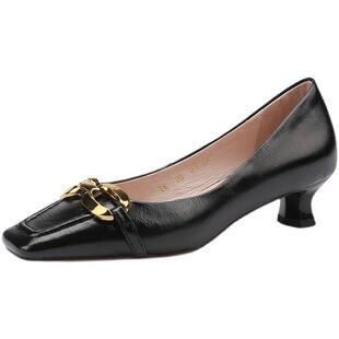 软底不累脚3cm低跟小高跟鞋 女粗跟2黑色职业工作上班方头真皮单鞋