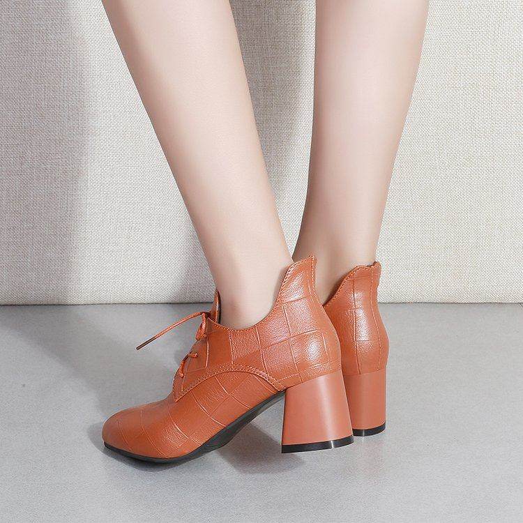 新款尖头系带深口高跟鞋子女粗跟英伦风真皮单鞋工作百搭及踝裸靴,女鞋,浅口单鞋,淘宝优惠券,粉丝福利购,淘宝优惠卷
