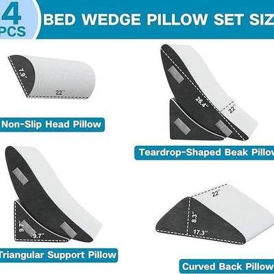 矫形床楔形枕头套装,4 件套床楔形枕头可调节记忆泡沫楔形枕头
