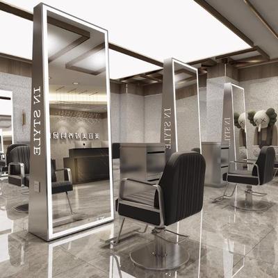 新款理发店镜子落地带灯烫染不锈钢剪发镜发廊专用单双面美发镜台