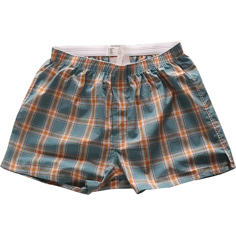 日系小清新风格纯棉格子男士阿罗裤前开口M宽松平角内裤家居裤睡