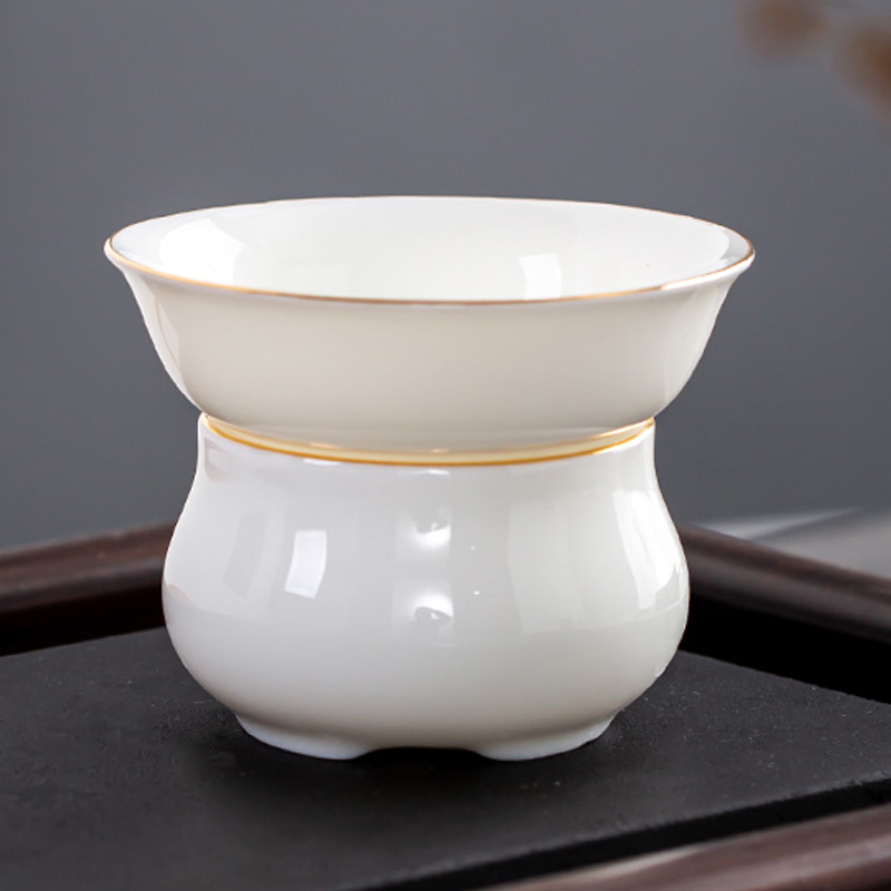 德化羊脂玉白瓷金边全瓷一体茶漏家用陶瓷茶渣网过虑Y功夫茶具配