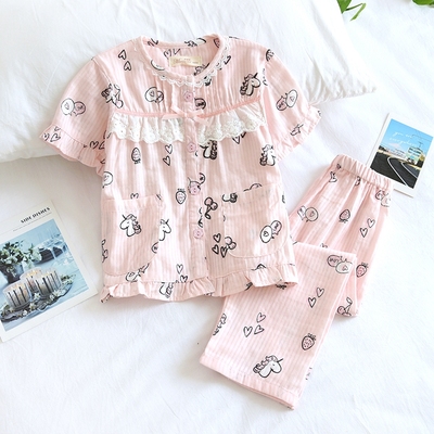 夏季纯棉纱布薄儿童女童女孩x短袖长裤亲子空调服睡衣套宝宝家居