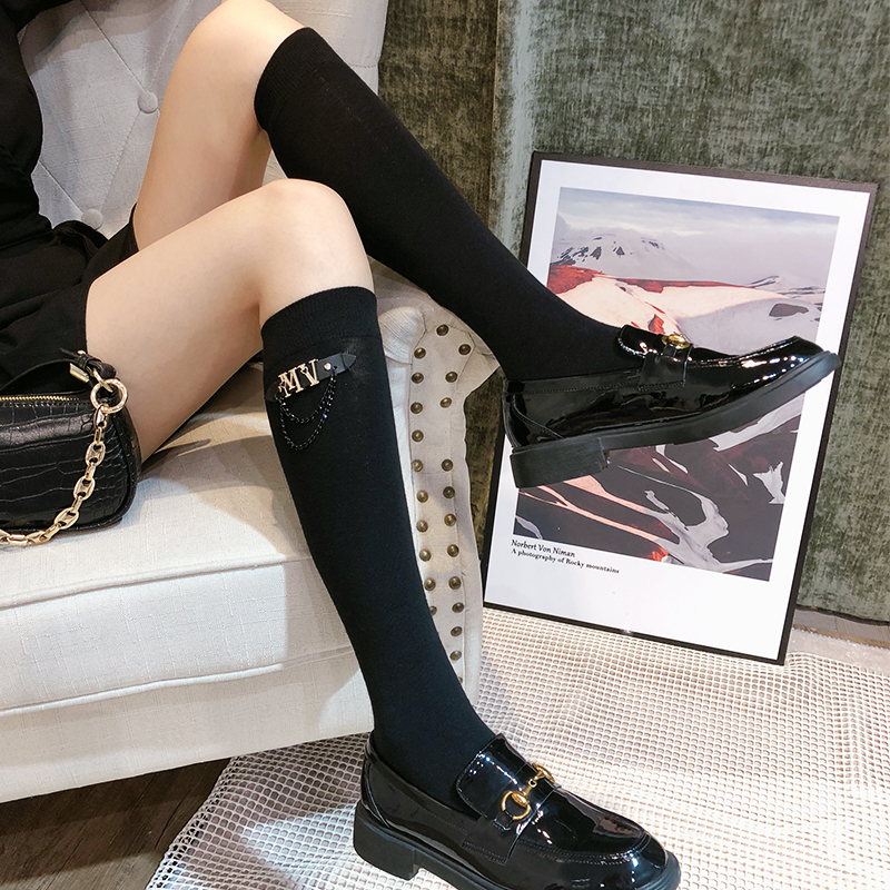 LOUMSEf 暗黑链条袜子日系JK小腿袜黑色 飒酷女孩穿搭及膝盖高筒