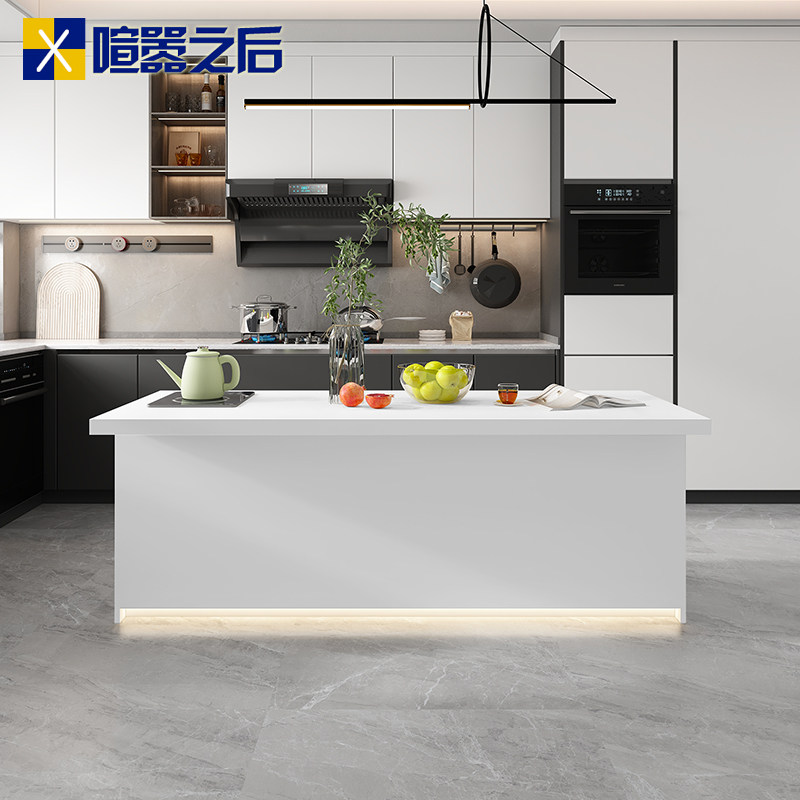 奶油风纯白岩板岛台餐桌一体开放式厨房J水吧台西厨中岛台料理台