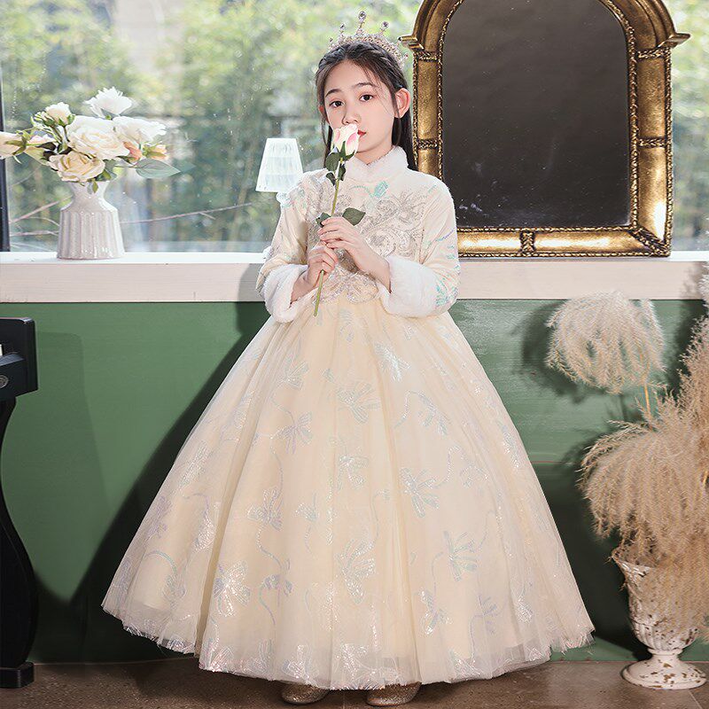 高端儿童礼服女童公主裙秋冬花童婚礼小I女孩主持人钢琴演奏演出