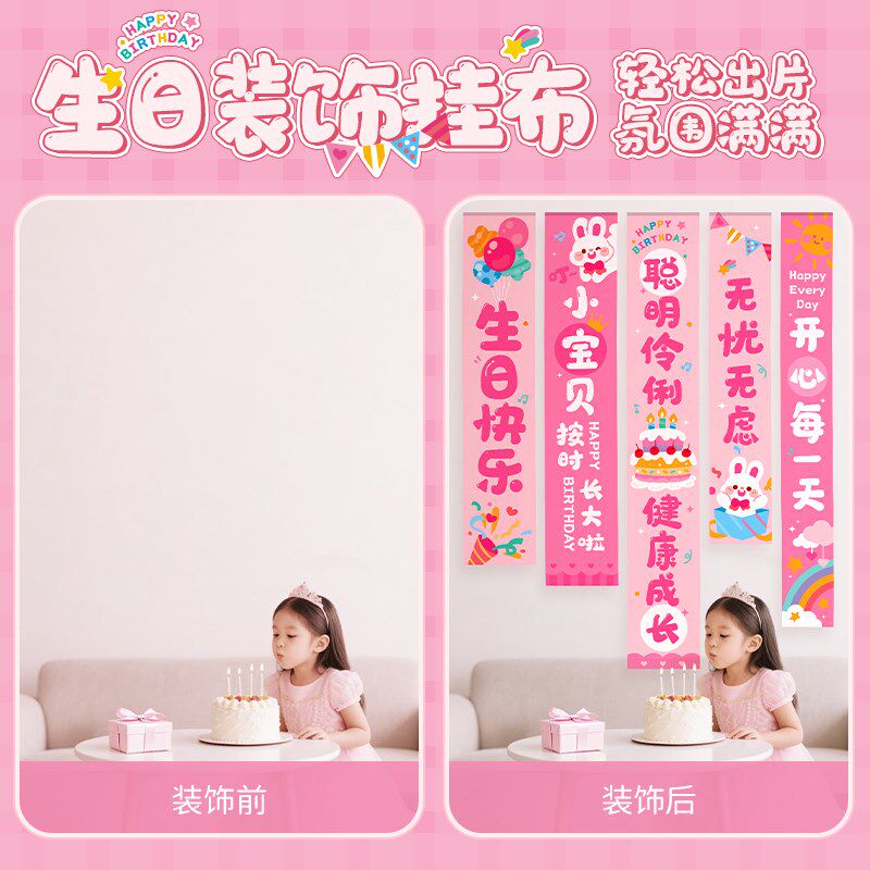 生日快乐场景布置拍照o氛围装饰品条幅挂布小女孩仪式感背景布十