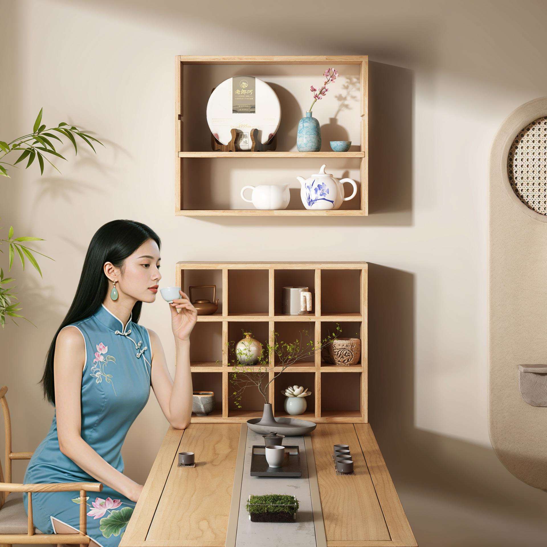 置物架多层收纳架实木新中式茶室氛围布置墙上陈列茶具杯架收纳柜