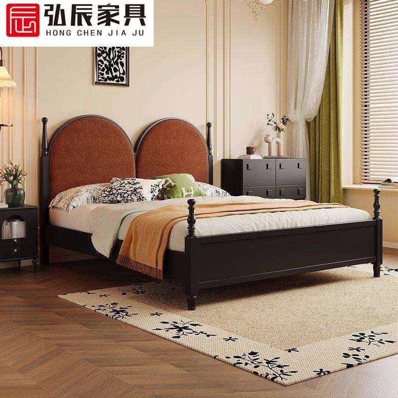 法式复古实木床樱桃色现代简约中古风双人床1米8主卧公主储物大床