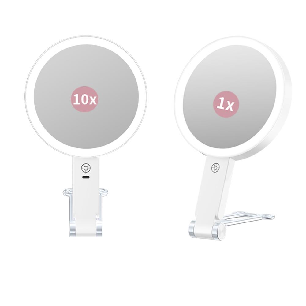 新款LED双面化妆镜便携三色调光美妆补光镜1X10X带灯双面化妆镜
