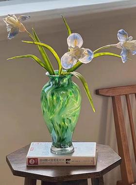 绿色珠光玻璃花瓶 高品质花器客厅桌面插花水养装饰摆件中古
