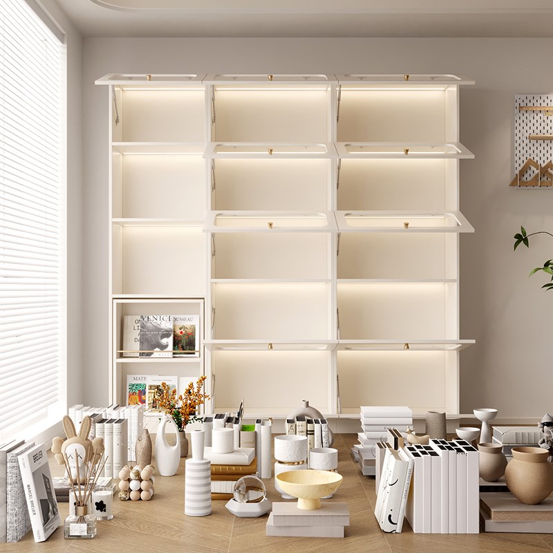 书房卧室书桌柜书柜折叠桌一体现A代简约奶油办公大容量储物玻璃