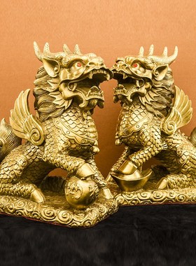 铜麒麟摆件一对纯铜踩八卦麒麟公母黄铜办公室Q家居客厅特大号摆