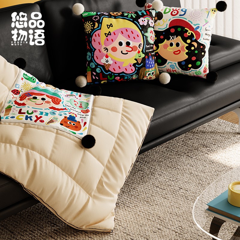 卡通趣味b家用客厅沙发抱枕抱枕被二合一午睡午休办公室车载折叠