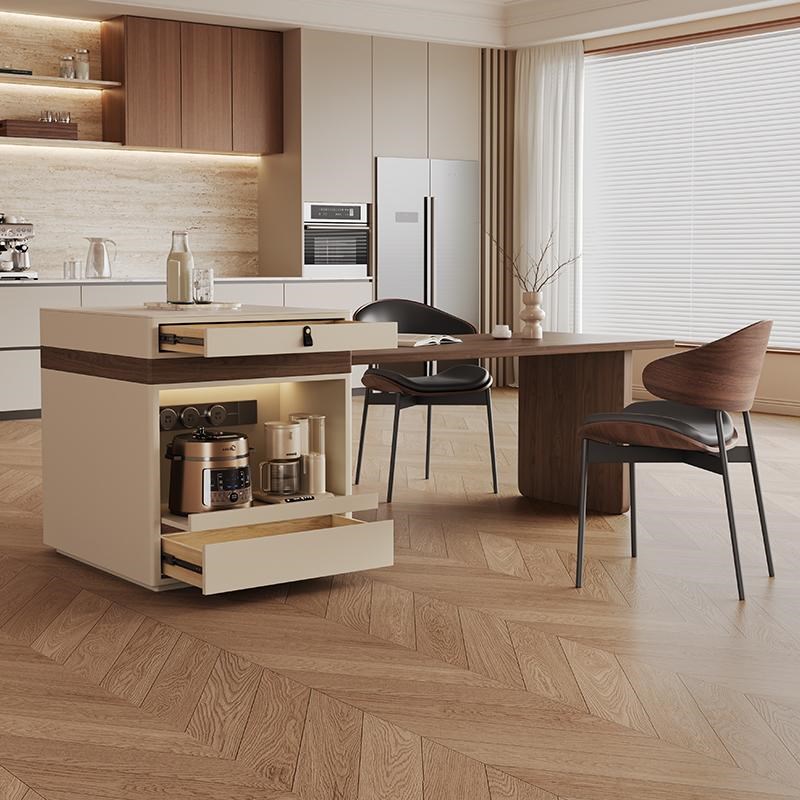 旋转岛台餐桌一体家用客厅2025新款意式极简伸缩U木纹岩板导台餐