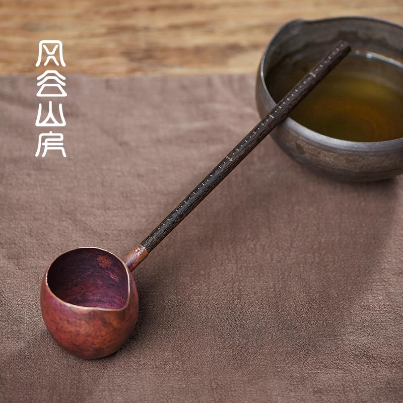 中式手工铜分茶勺复古长柄实木茶勺家用煮茶舀茶勺子功夫茶具配件