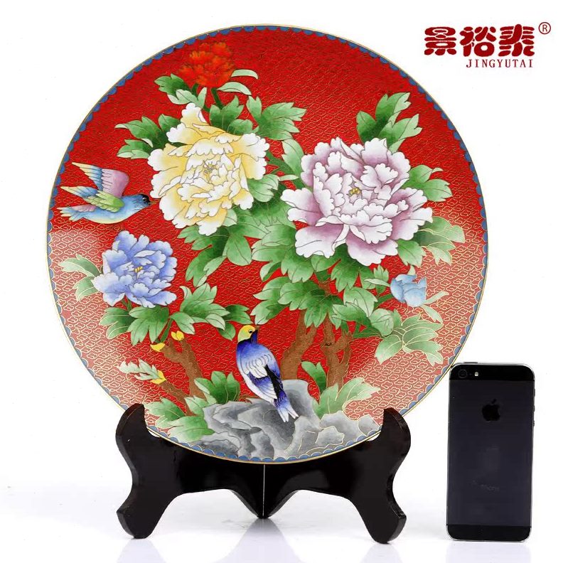 景泰蓝圆盘12寸红底地牡丹花鸟铜胎珐琅花瓶家居结婚商务特色摆件