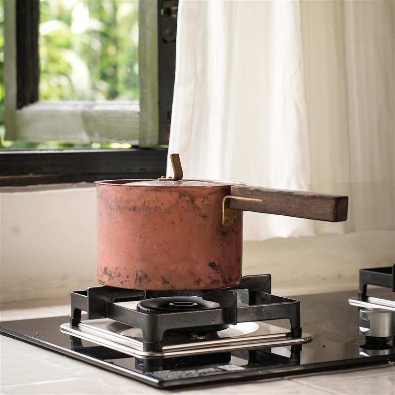 手工木制手柄侧面手柄防烫平底底带盖黄铜牛奶锅K方便面锅汤锅一