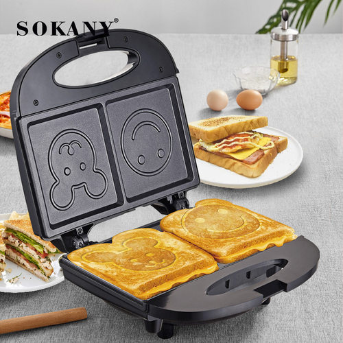 跨境SOKANY128三明治家用华夫机笑脸卡通图案面包烘焙可爱多士炉