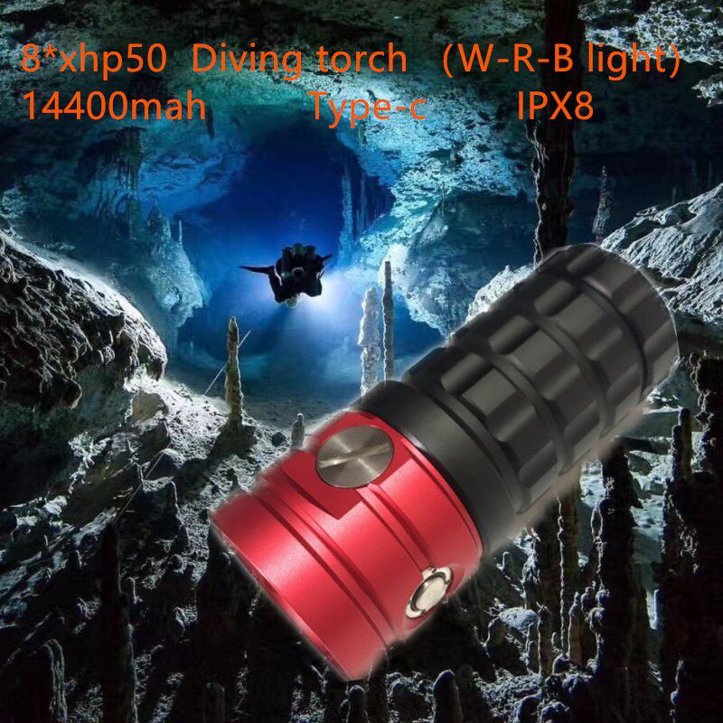 潜水手电筒8核XHP50白光暖光红蓝光摄影潜水灯相机视频补光灯