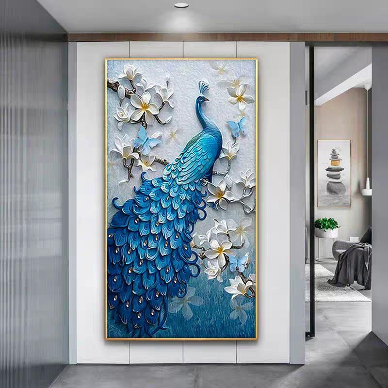 玄新中式孔雀户关装饰画轻奢JS-032高档LED发光晶瓷入道镶钻走廊