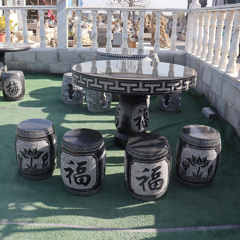 石桌石凳庭院花园别墅家用圆桌青石户外休闲石头桌子仿古石桌摆件