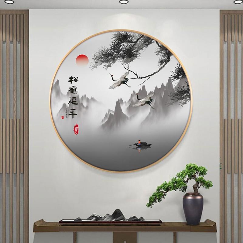 壁新中式迎客松玄关装饰画入户JK3283客厅画走廊墙形松鹤延年圆轻
