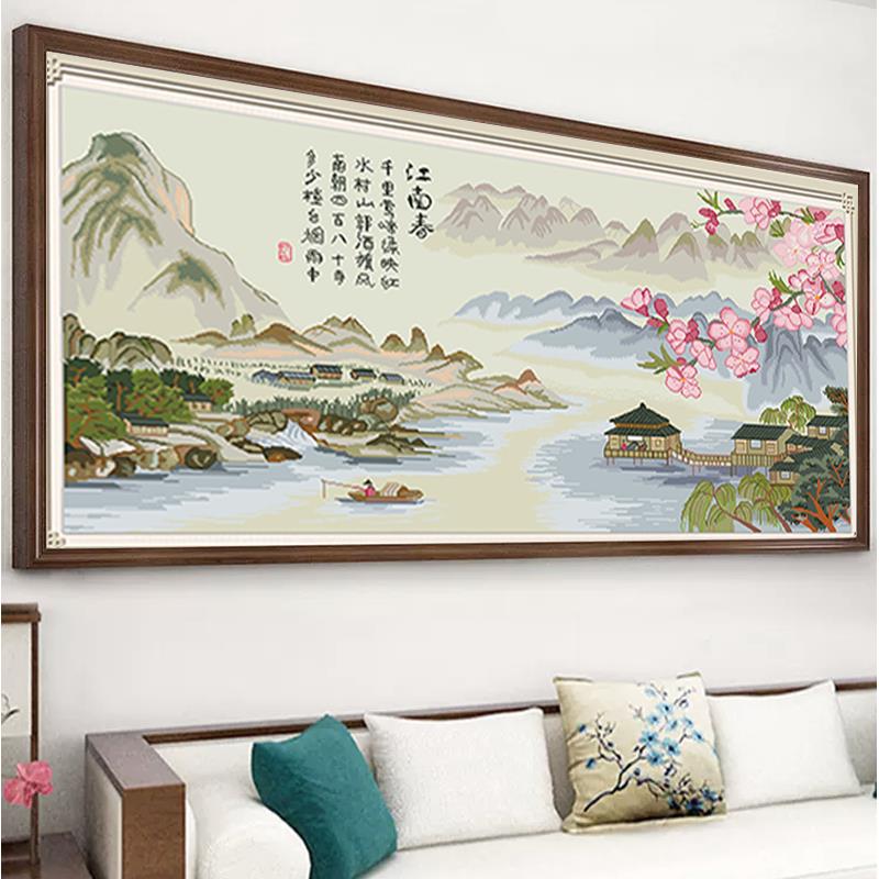 江南春十字绣新款客厅满绣刺简约大气风画手绣饰工自HYtstlsu己绣