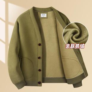 春秋冬季 宽松大码 爸爸装 V领抓绒卫衣中老年男装 上衣服 开衫 爷爷装
