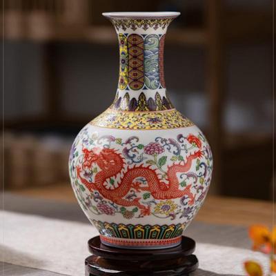 景德镇陶瓷器龙凤花瓶中式客厅装饰品插花摆件古董架粉彩瓷瓶摆件