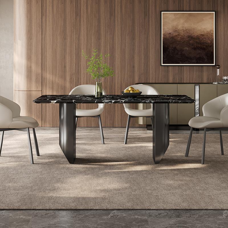 意式岩板餐桌家用小户型全托底板新款长方形黑玫瑰轻奢大理石餐桌
