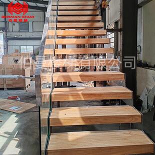 佛山厂家悬浮楼梯隐形龙骨木踏步灯发光踏板玻璃护栏扶手悬浮楼梯