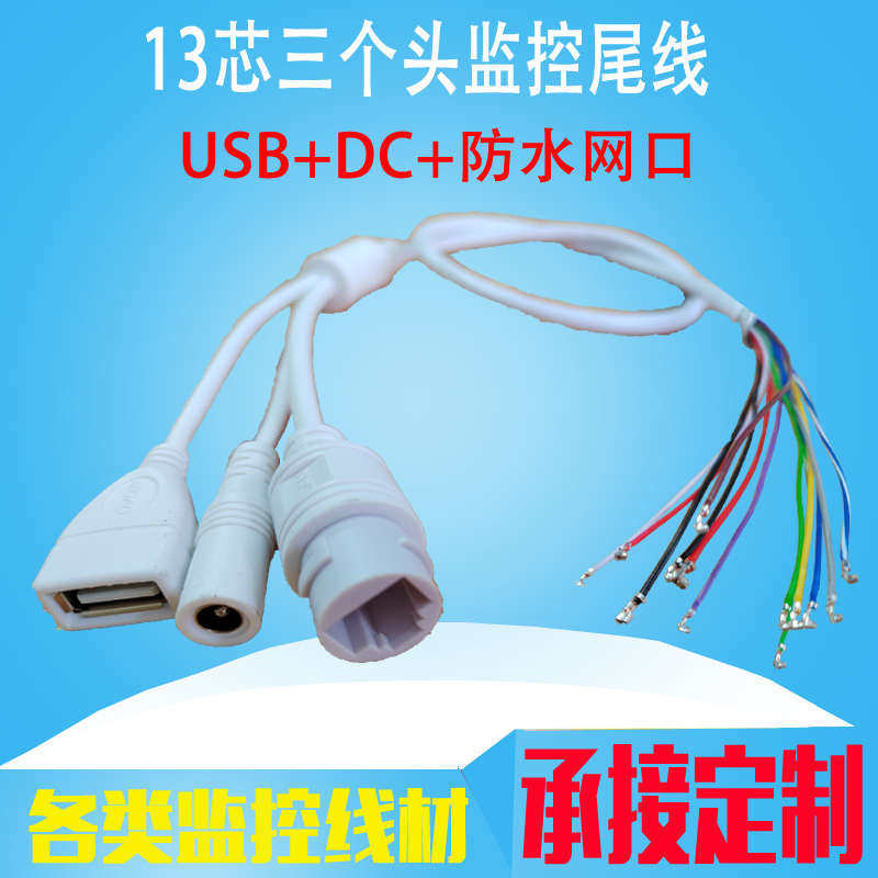 监控网络高清摄像头机尾线RJ45防水网口USB电源DC三接头线材定制图片