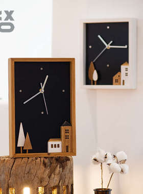 YBOX木制小屋挂钟长方形简约桌面摆件客厅挂饰家用时钟饰品电池款