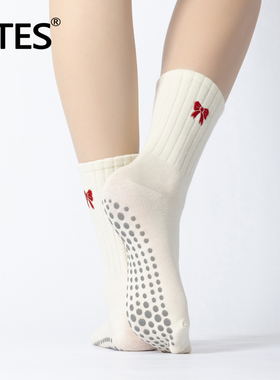 MTES瑜伽袜蝴蝶结刺绣纯棉普拉提中筒不分趾袜健身防滑专业运动袜