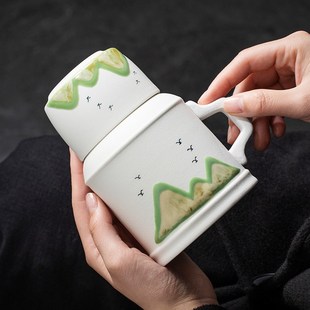 千里江山陶瓷泡茶杯家用大容量暖壶带盖喝茶杯子水杯定制logo