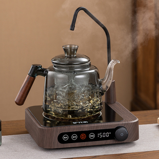 自动上水抽水电陶炉煮茶炉器烧水胡桃木全玻璃大容量蒸煮茶壶 新款