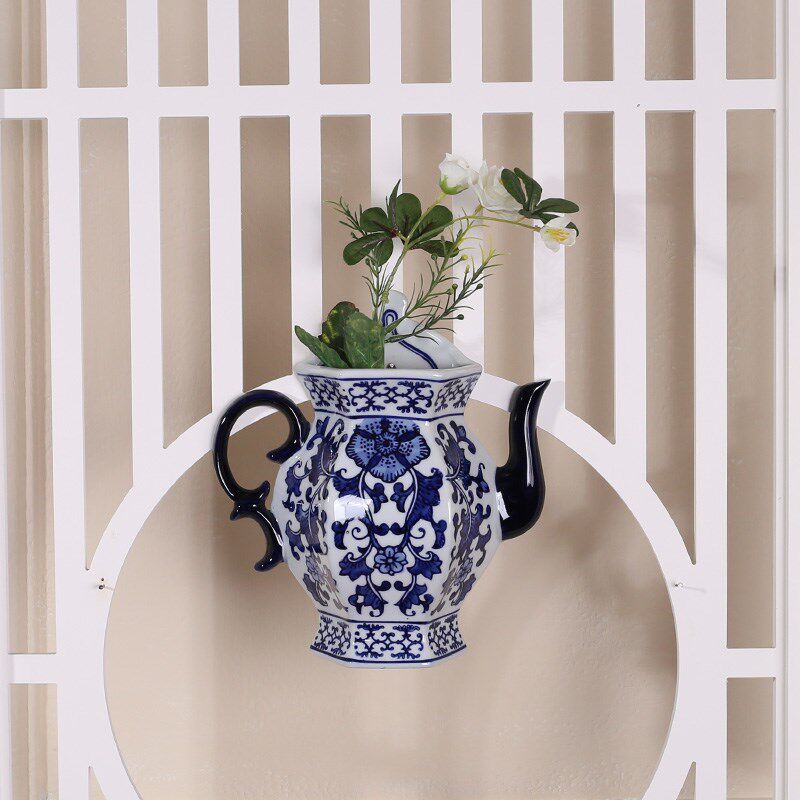 青花瓷壁挂水培花瓶家居挂墙创意插花G绿植垂吊仿真花多肉小花盆