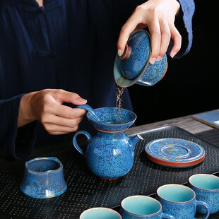 整套简约浮翠蓝玉陶瓷办公室泡茶壶盖碗功夫茶具家用 高端茶具套装