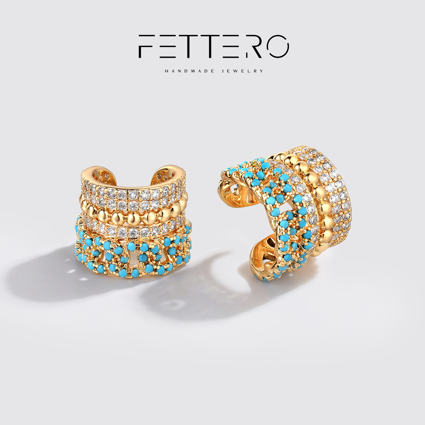 fettero欧美重工小众设计金色链条松石皇冠耳夹轻奢高级感耳骨夹