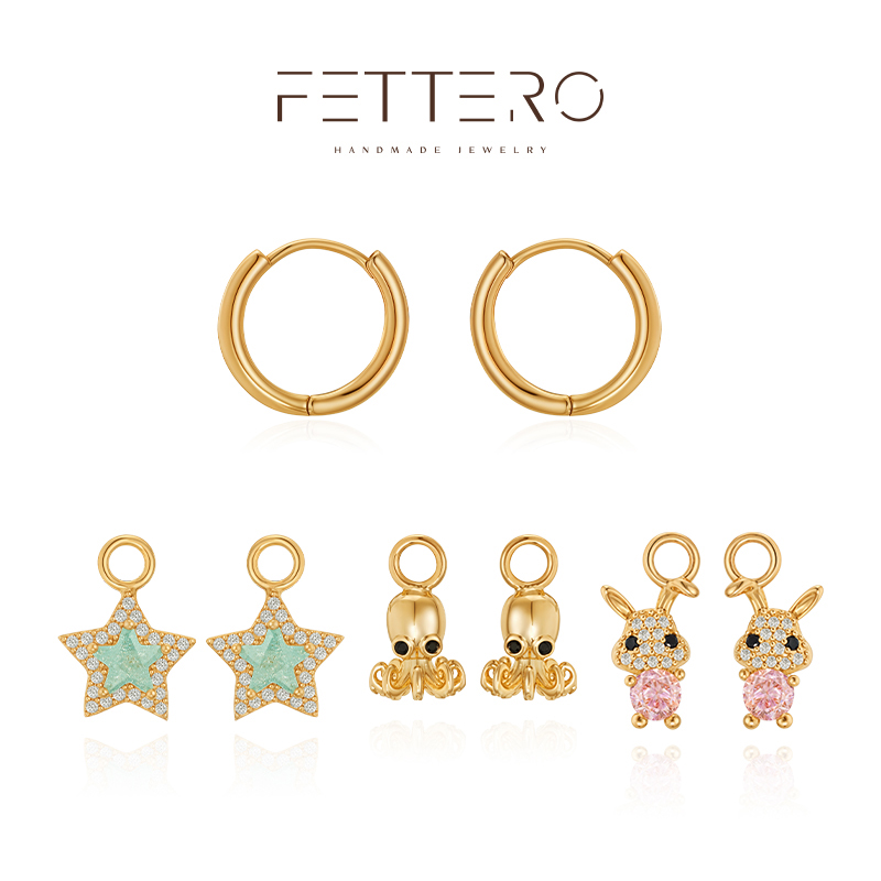 fettero原创可爱时尚动物耳环章鱼兔兔星星吊坠DIY百变风格耳扣