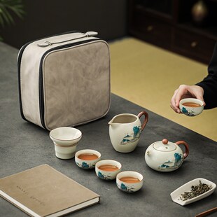 便携式 汝窑旅行茶具套装 包陶瓷户外露营车载旅游泡茶壶小套带茶盘