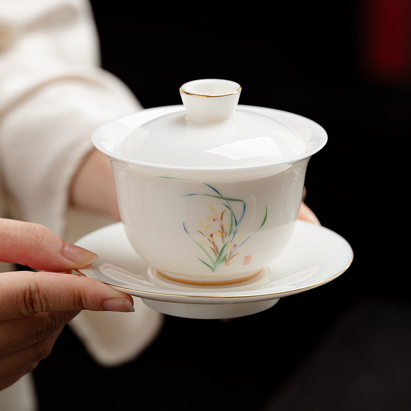 盖碗羊脂玉单个三才泡茶陶瓷家用功夫德化茶具白瓷茶碗厂家直销