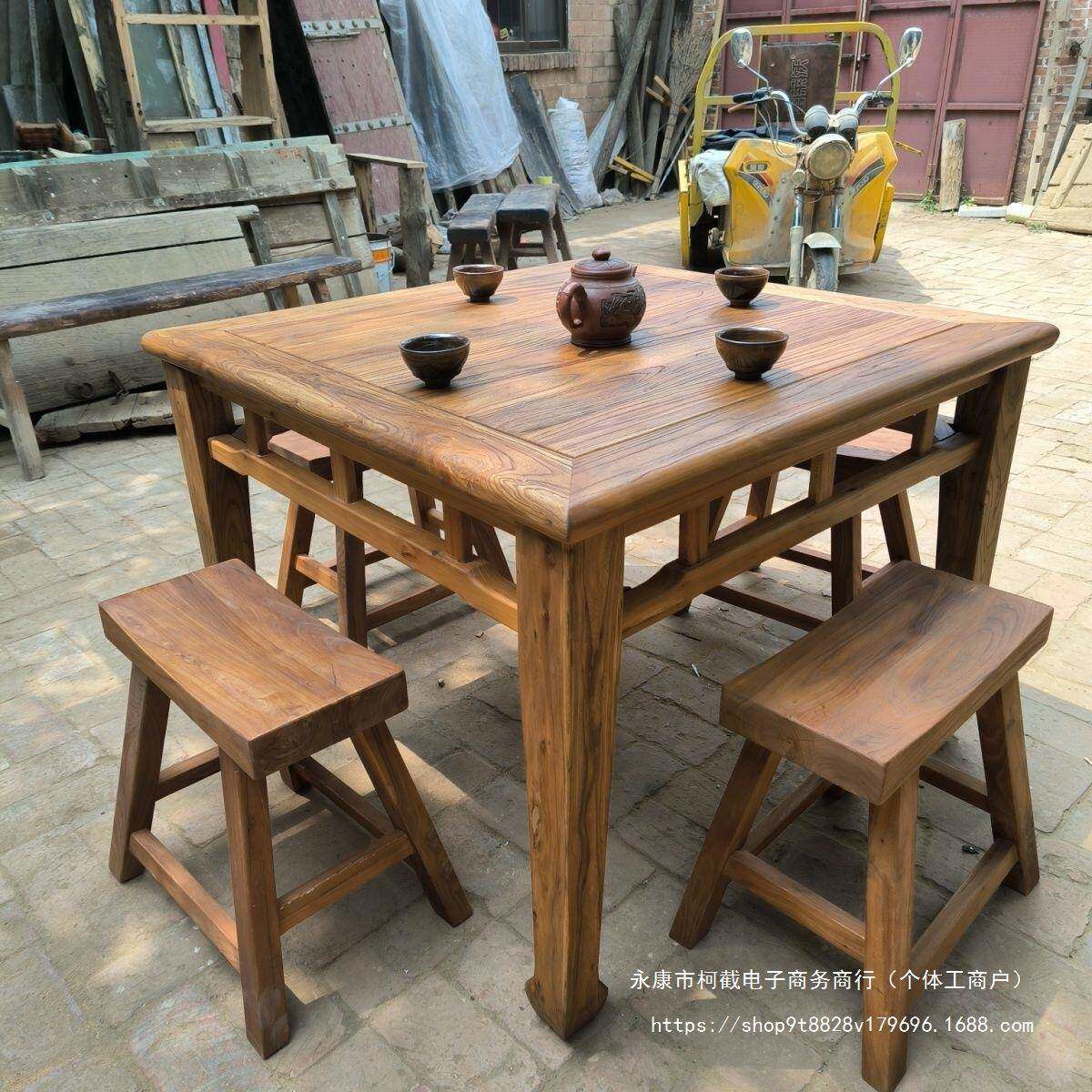 小榆木八仙桌实木桌正方形餐桌复古CBA长桌方饭店家用八仙桌农村